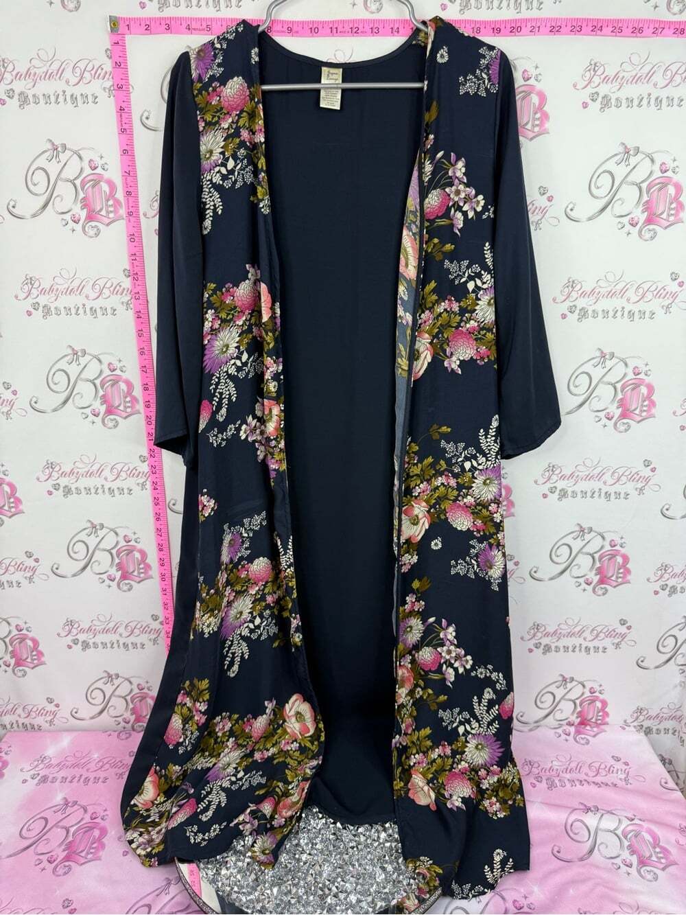 Japna Navy Floral Kimono Cardigan with Pink and Green Blooms